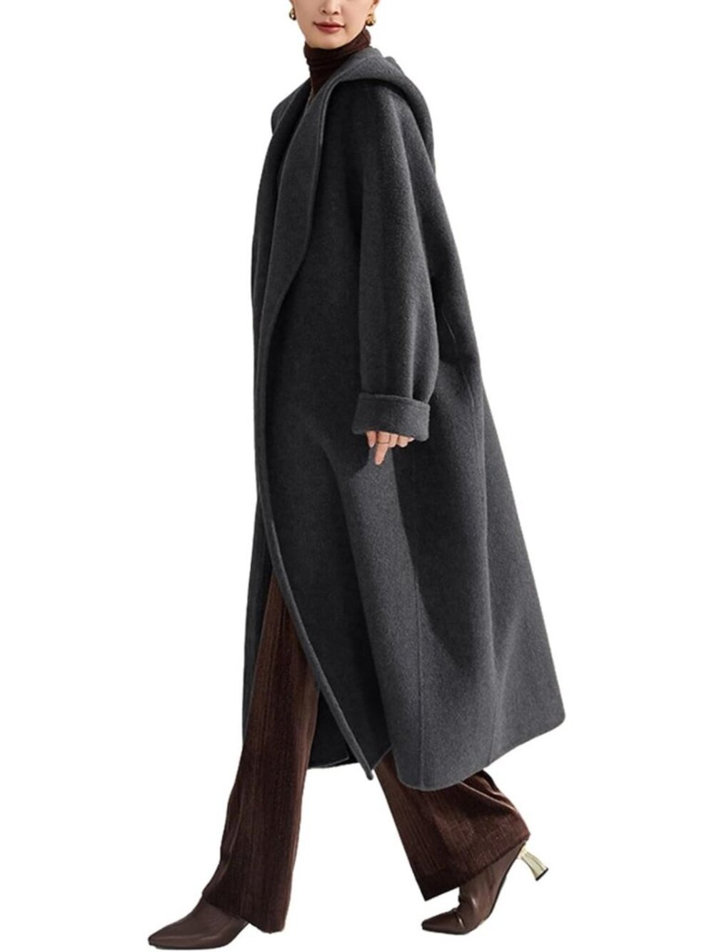 Cozy Women's Winter Wool Trench Coat with Hood, Belted Open Front Style